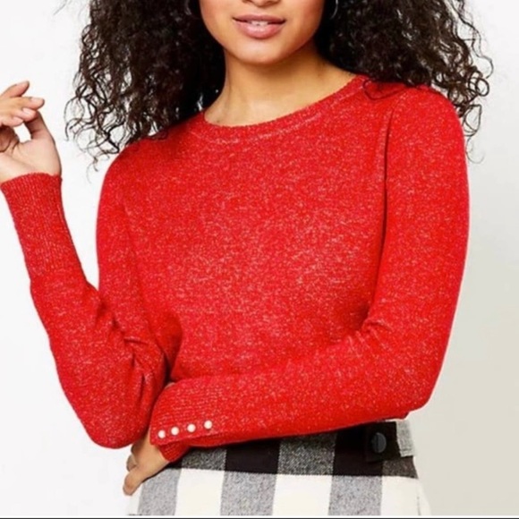 Loft Red Pearl Button Cuff Holiday Red Knit Sweater NWT - Picture 1 of 7